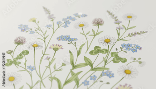 Watercolor illustration of wildflowers and forget-me-nots in bloom.
