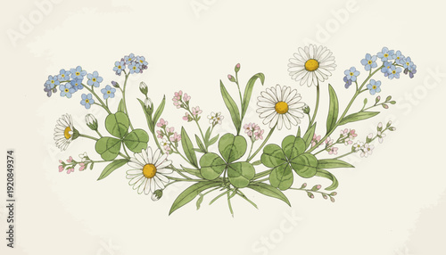 Watercolor illustration of wildflowers and daisies in bloom.