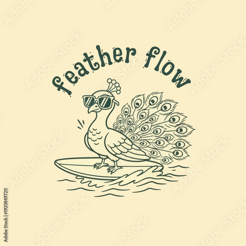 Cool Peacock Surfing with Sunglasses and Feather Flow Text.