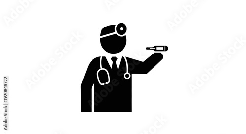 Abstract silhouette icon of a medical doctor with a stethoscope and head mirror, holding a thermometer, symbolizing health assessment, illness diagnosis, and general medical check-ups