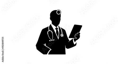 Silhouette of a doctor holding a medical device and a chart, representing healthcare and medical consultation