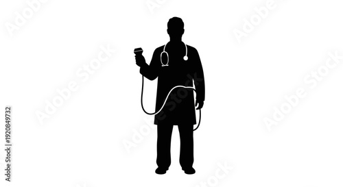 Silhouette of a male doctor or medical professional in lab coat and stethoscope, holding a diagnostic device, representing healthcare and examination concept