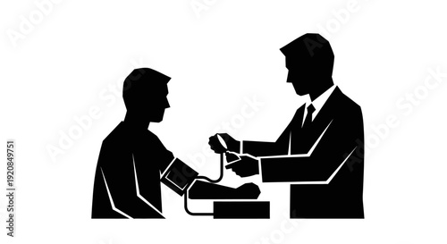 Pure silhouette illustration showing a healthcare professional carefully measuring a patient's blood pressure, highlighting routine medical check-ups and health monitoring