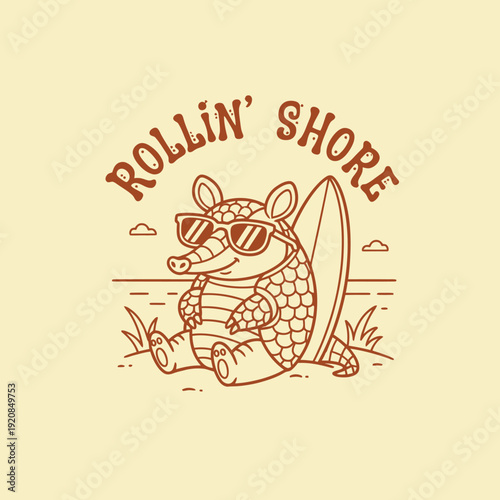 Cute Armadillo Wearing Sunglasses Relaxing on Beach with Surfboard.