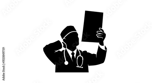 Professional doctor in medical uniform carefully analyzing patient documents or X-ray results, a dedicated healthcare character illustration in silhouette
