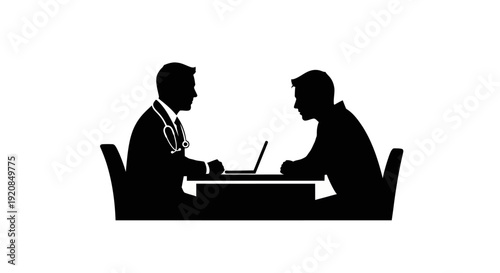 Professional medical consultation silhouette depicting a doctor providing healthcare advice to a patient during an office visit, symbolizing health and wellness services
