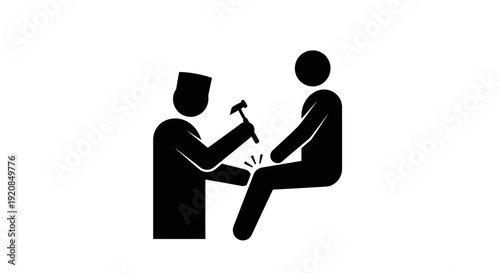 Doctor performs a reflex test on a patient's knee with a reflex hammer, illustrating a medical examination
