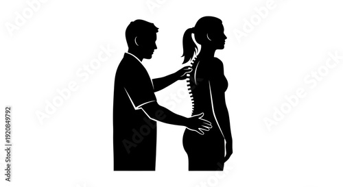 Silhouette of a doctor examining a patient's back and spine, representing physical therapy and spinal health