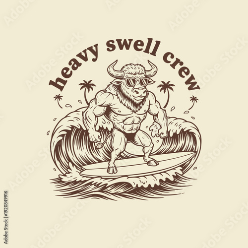 Muscular bull surfing a massive wave with sunglasses and horns.