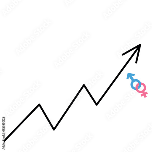 Hand drawn growth graph with upward arrow and male and female gender symbols. Minimalist illustration representing demographic increase, population growth or social trends isolated on white