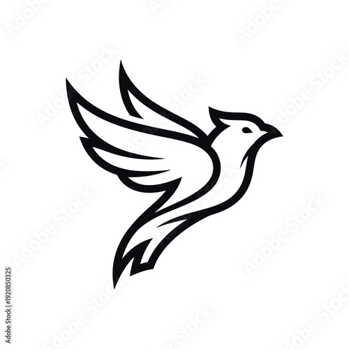 Majestic Flying Bird Logo Illustration, Minimalist Phoenix or Eagle Mascot with Sharp Outlines, Modern Black and White Avian Symbol for Sports and Branding Isolated on White Background