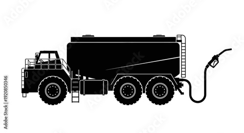 Fuel tanker truck silhouette with hose for refueling.
