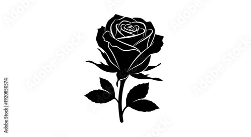 Elegant black silhouette of a blooming rose with delicate leaves, symbolizing beauty and passion in a single, striking image