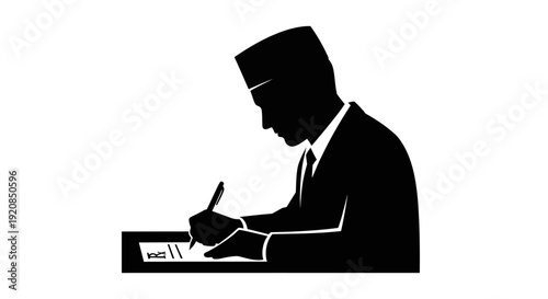 Silhouette illustration of a focused man in a suit and traditional cap meticulously writing an important document, symbolizing professionalism, official duties, and administrative tasks