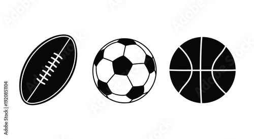 Three sport balls in a row black and white silhouette
