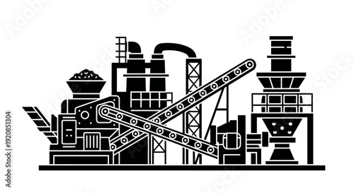 Industrial plant with conveyor belts, crushers, and silos for material processing and manufacturing operations.