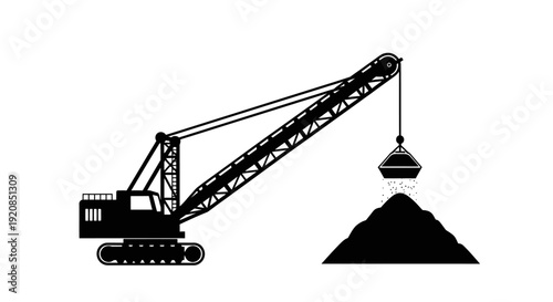 A black and white illustration of a large industrial dragline excavator lifting material from a pile.