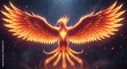 Majestic Fiery Phoenix Spreading its Luminous Wings Against a Starry Night Sky, Symbolizing Rebirth, Power, and Eternal Spirit