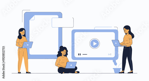 Three women collaborating on digital media projects in a modern workspace, surrounded by large digital screens and video content.