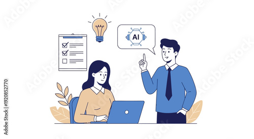 Colleagues collaborating on artificial intelligence project with laptop and documents in modern office environment from a straightforward viewpoint