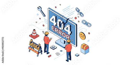 Two technicians troubleshooting a large computer screen displaying a 404 error message amidst scattered technical tools and documents