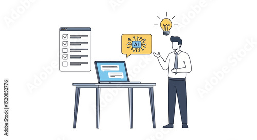 Man standing beside desk with laptop and checklist, contemplating idea represented by lightbulb and thought bubble