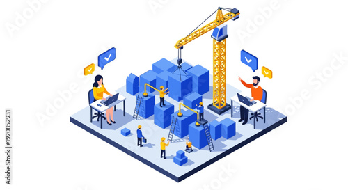Isometric illustration of people working together constructing blue boxes with a crane in a collaborative industrial setting from an aerial viewpoint