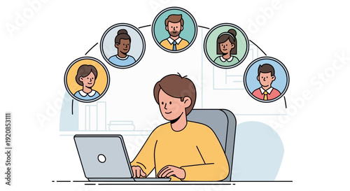 A man works on a laptop surrounded by virtual connections to various people in a modern workspace environment from a front viewpoint.