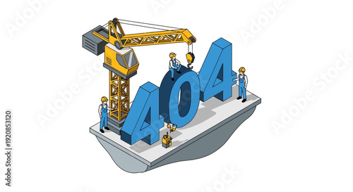 Workers constructing large 404 sign on a floating platform with crane equipment