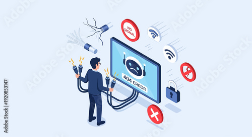 Man interacting with a secure computer system surrounded by protection icons and warning signs against cyber threats