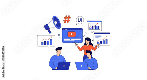 Team collaborating on digital marketing strategy with analytics and social media graphics displayed on laptops and floating screens