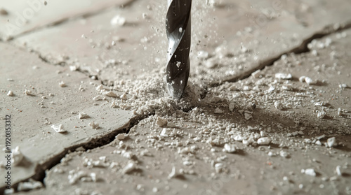 Demolition of Floor Tiles with Dust and Shards Action Shot