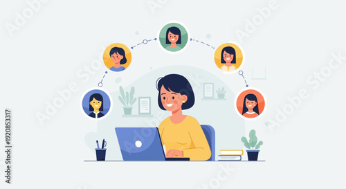 Woman working on laptop surrounded by social media profiles in a modern office environment from a top-down viewpoint