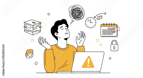 A person working on laptop with caution sign surrounded by icons representing tasks and security