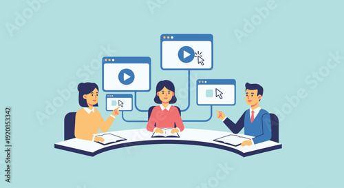 Team collaboration meeting illustration showcasing business professionals discussing financial reports and data analysis on digital screens