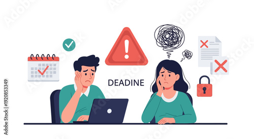 Two professionals working together on a laptop with deadline and security concerns surrounding them in a collaborative environment from a straightforward viewpoint