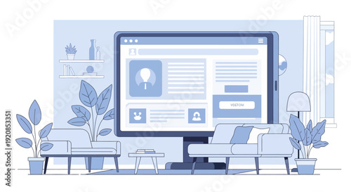 Illustration of modern workspace with computer monitor displaying website on desk surrounded by plants in a minimalist environment