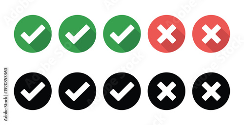 Collection of ten flat design check and cross icons in green and red with long shadows for status indicators