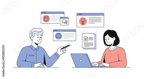 Two individuals collaborating on digital documents with laptops and stylus in a modern workspace setting from a straightforward viewpoint