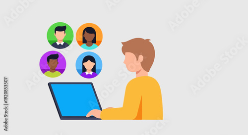 Illustration of a person working on laptop with virtual team members around them in a collaborative workspace environment viewed from the side
