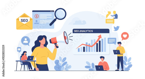 Business team analyzing SEO analytics data with graphs and charts on a digital screen while discussing marketing strategies