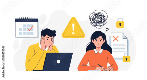 Colleagues collaborating on a project with warning signs and documents surrounding them in a modern office environment from a straightforward viewpoint