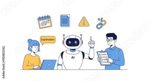 Illustration of people collaborating with AI robot in modern office environment from a straightforward viewpoint