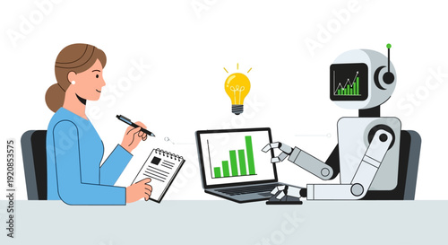Woman analyzing data with a robot assistant in a modern office environment from a side viewpoint
