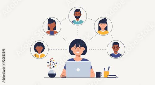 Woman working on laptop surrounded by connected colleagues in a collaborative office environment from a top-down viewpoint