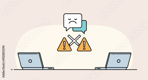 Two laptops facing each other with warning signs and crossed speech bubbles indicating communication issue