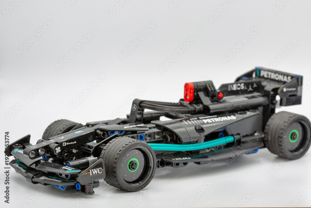 Fototapeta premium LEGO Technic Mercedes-AMG Formula One racing car construction kit closeup.