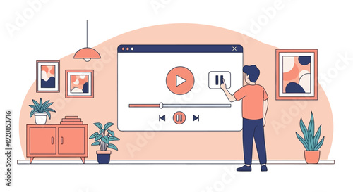 A man controls a video playback on a large screen in a modern living room with decorative elements