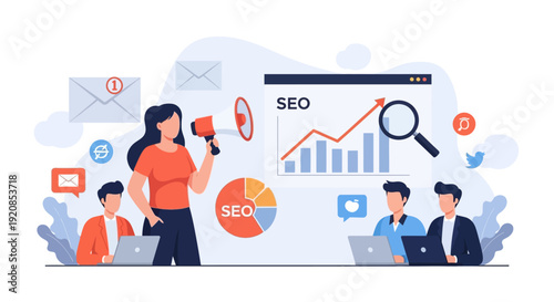 Team analyzing SEO strategy with graphs and charts in a modern office setting from a high viewpoint