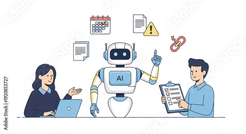 AI Robot Explains Concept to Colleagues in Modern Office Setting with Laptop and Documents